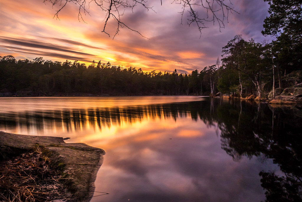 Sunset over a forest lake